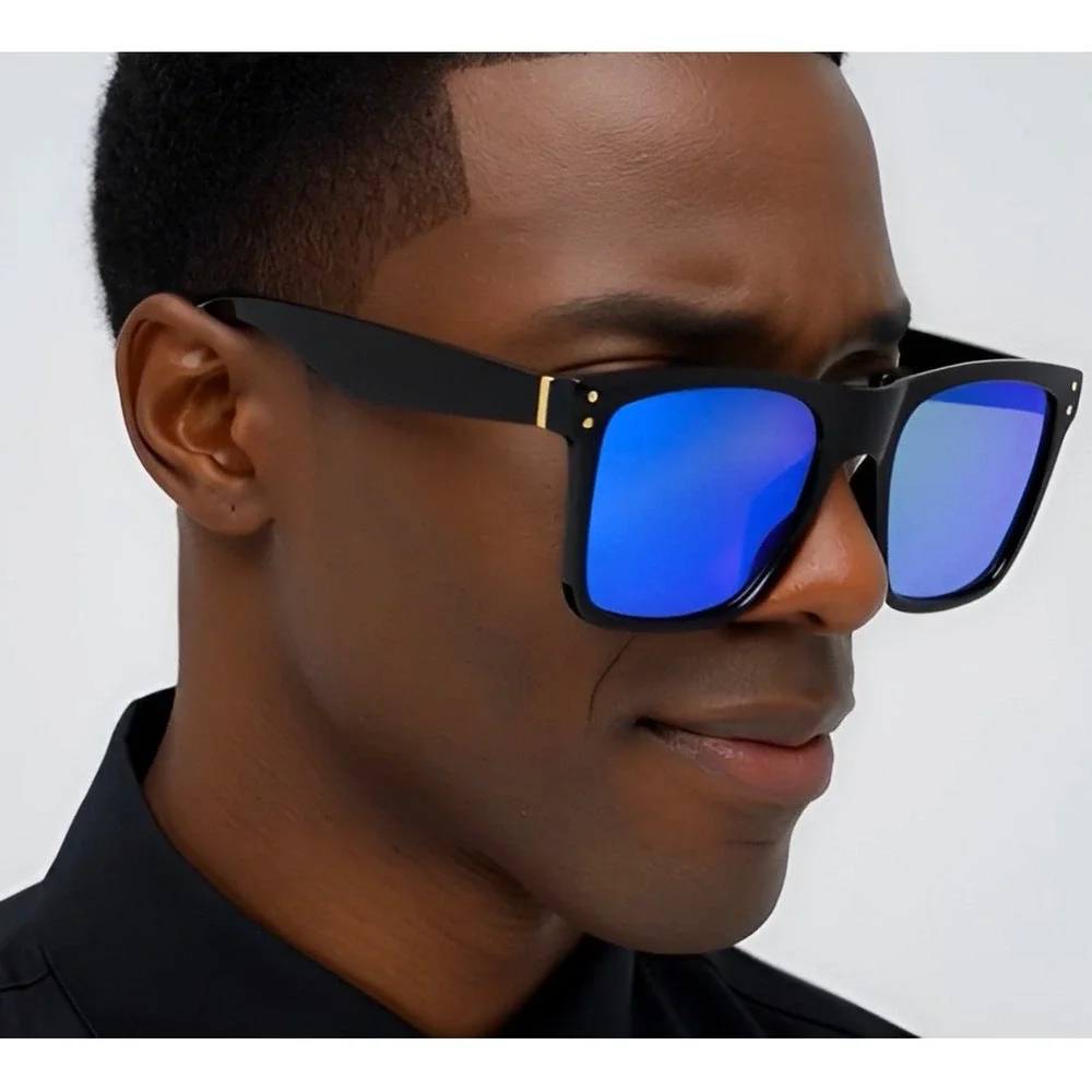 Square Sunglasses Blue Mirrored Lens Black Frame Fashion Sun‎ Glasses Trendy New